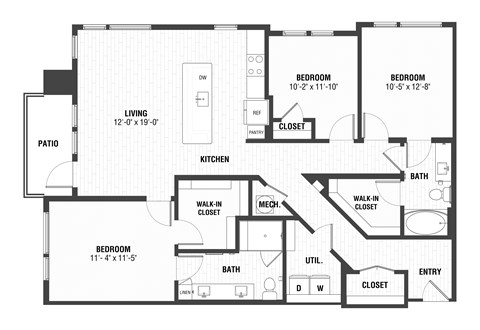 Floor plan for 3 beds, 2 baths, 1450 sqft
